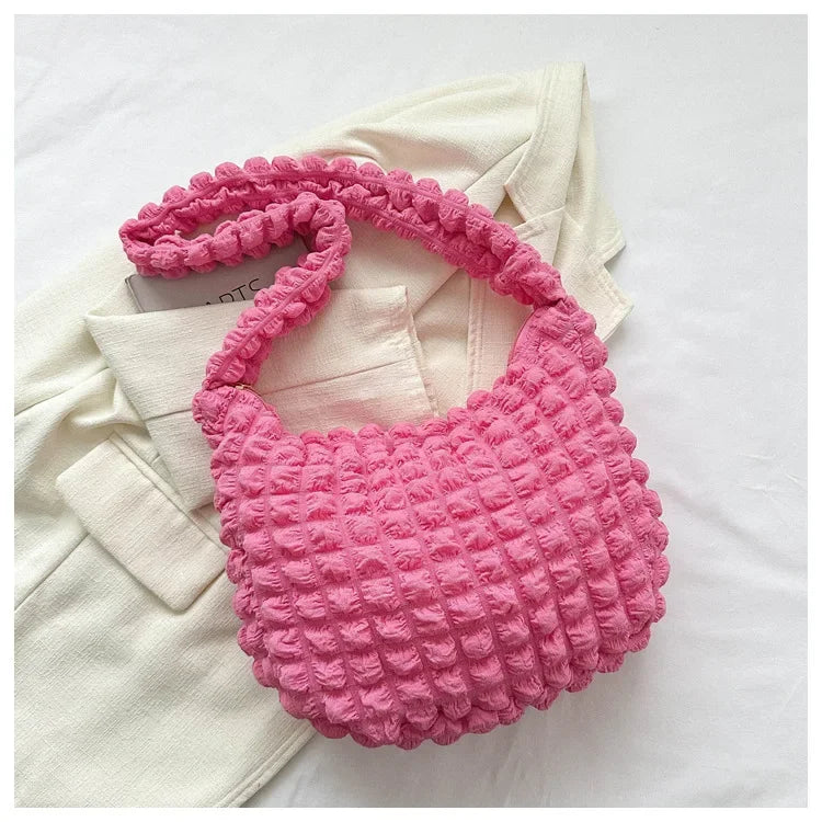 Fashion Pleated Design Shoulder Bag Cute Pleated Bubbles Solid Color Tote Bag Large Capacity Embroidered Satchel Bags Women