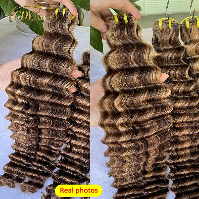 Raw P4/27 Highlight Deep Wave Bundles Ombre Brown Curly Human Hair Bundle Vietnamese Virgin hair 100% Human Hair Extensions