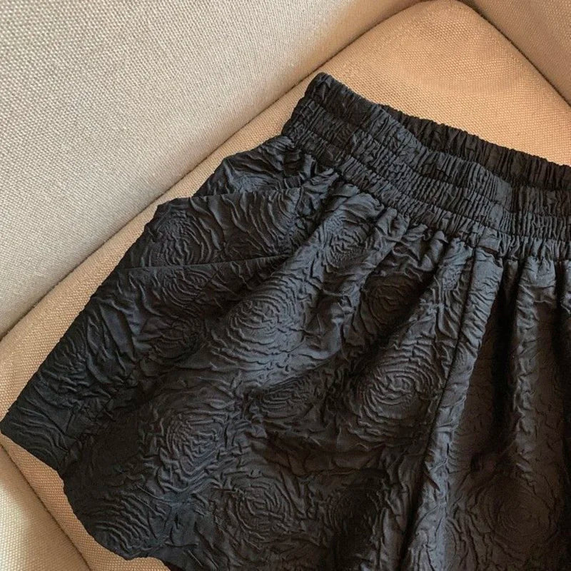 Lucyever Black White Jacquard Shorts Women 2022 Summer Elastic High Waist Pockets Wide Leg Shorts Woman Streetwear Half Pants