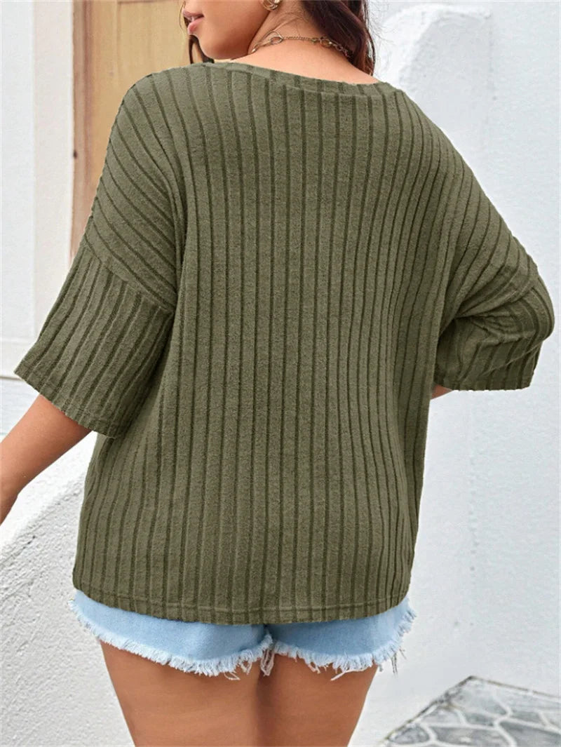 GIBSIE Plus Size Drop 3/4 Sleeve Loose Rib-knit T Shirt Women Summer 2025 Solid Color V-Neck Pocket Casual Female Tops Tees