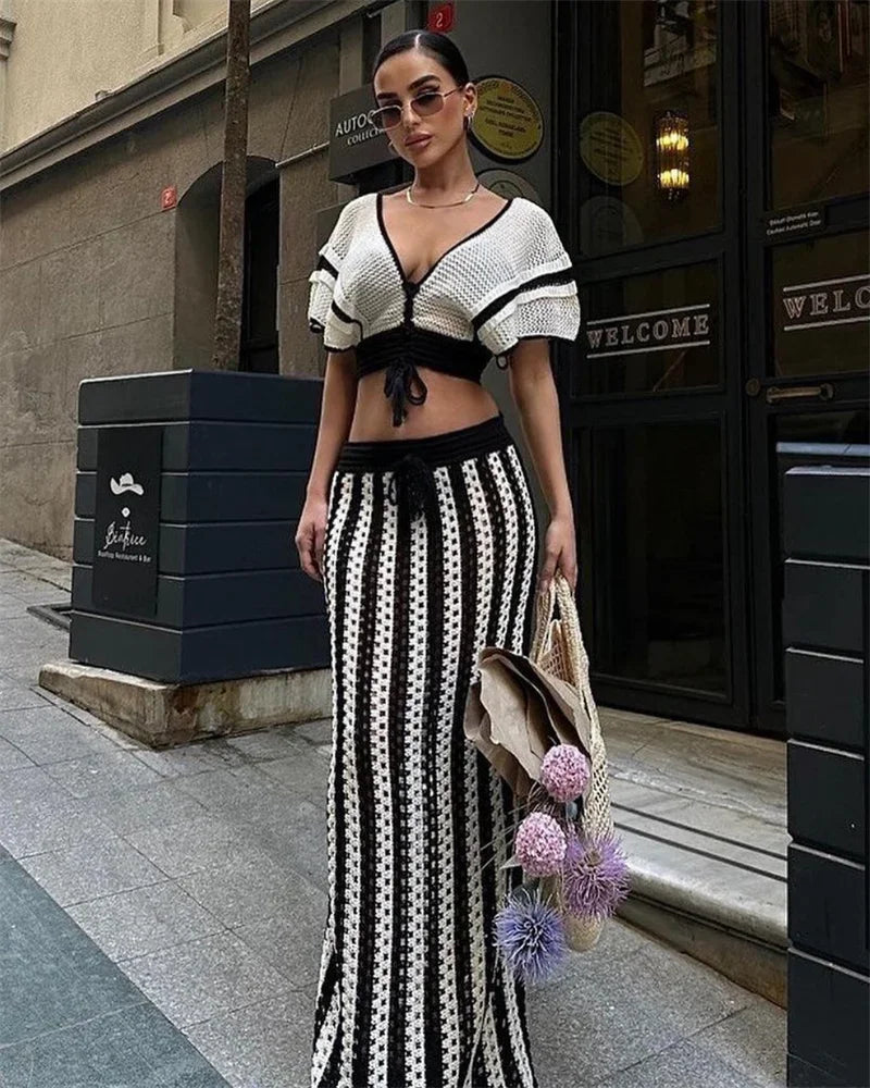 Striped Knitted Two Piece Set Women Outfit Y2K Clothes Clubwear Party Hollow Out V-neck Crop Top and Long Skirt Maxi Dress Sets