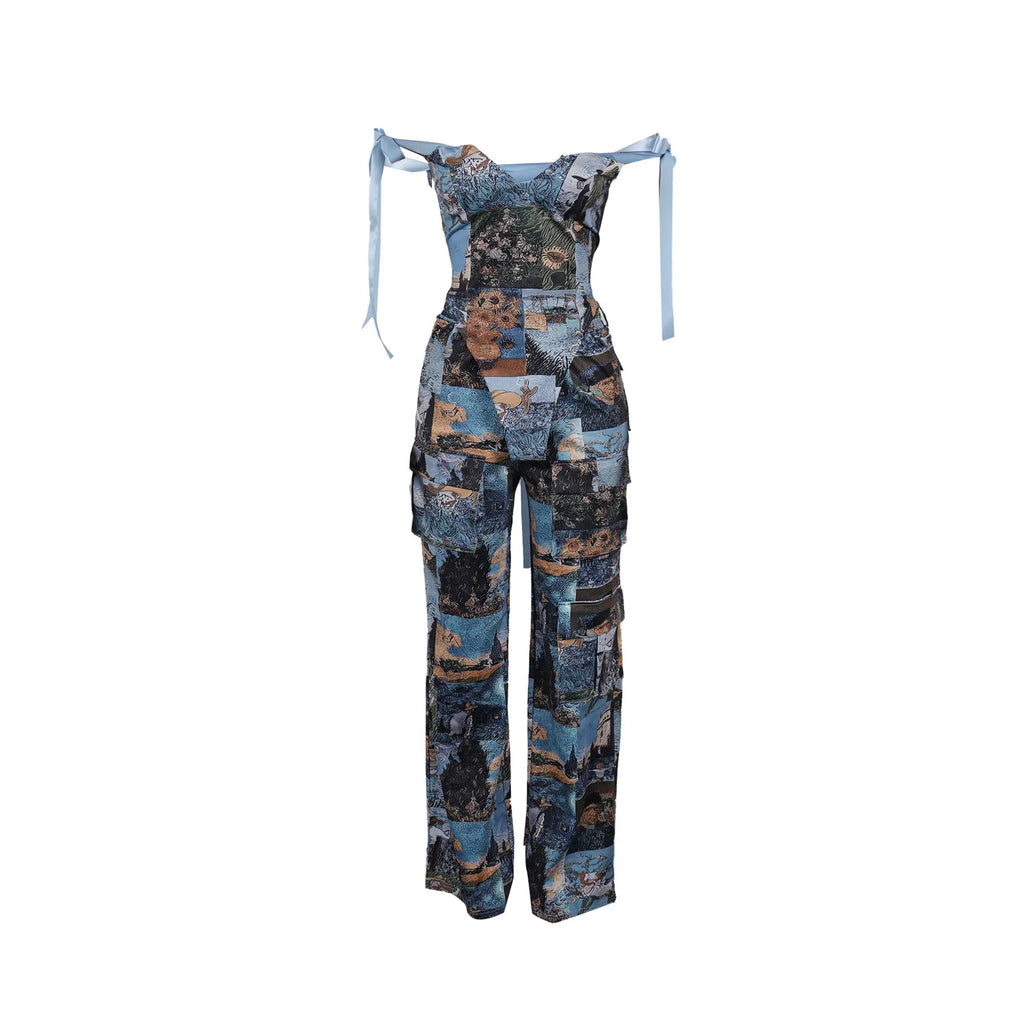 Two Pieces Women Pant Sets Print Matching Set Drawstring Pockets Sleeveless Top Elastic Waist Pants Slim Fit Casual 2026 Spring