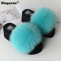 Women Fox Fur Slippers Woman Fashion Sandals Girls Casual Fur Slides 7cm Thick Sole Summer Platform Shoes Modern Slippers Wedges