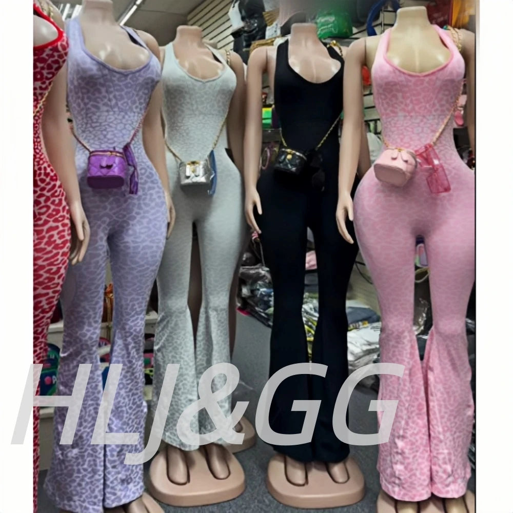 HLJ&GG Spring Sexy Leopard Print Patchwork Bodycon Jumpsuits Women Spaghetti Strap Backless Rompers Female Streetwear Overalls