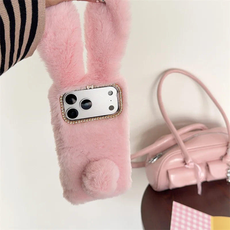 3D Cute Rabbit Ears Warm Furry Plush Bunny Phone Case For iPhone 17 Air 16 15 14 13 12 11 Pro Max XS XR X Plus Shockproof Cover