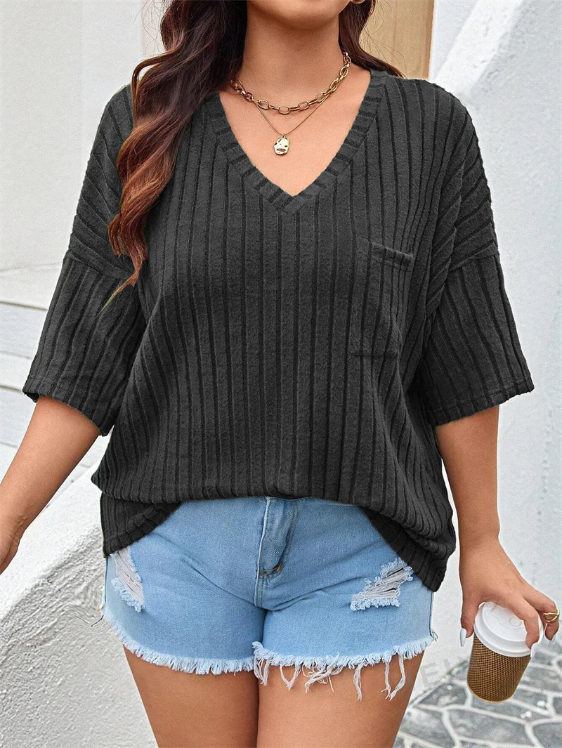 GIBSIE Plus Size Drop 3/4 Sleeve Loose Rib-knit T Shirt Women Summer 2025 Solid Color V-Neck Pocket Casual Female Tops Tees