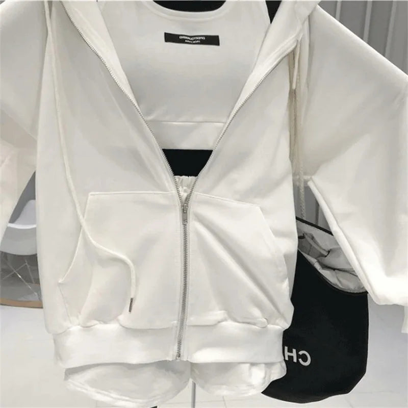 Shorts Three 3 Piece Sets Women Casual Vest Drawstring Short Hooded Zipper Jacket Sportswear Suits Y2k Streetwear Sports Hoodies