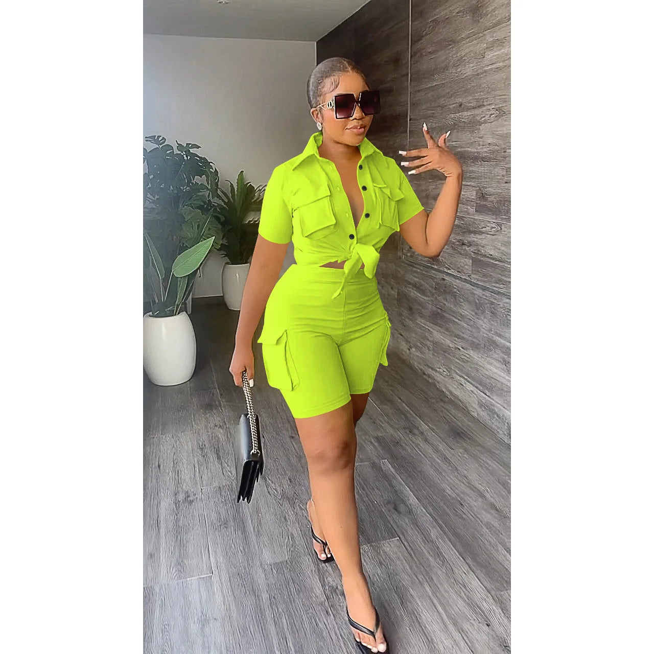 Women Shorts Two Piece Set Turn Down Collar Shirt Button Lace Up High Waist Short Sets Pockets Elegant Lady Streetwear Suit