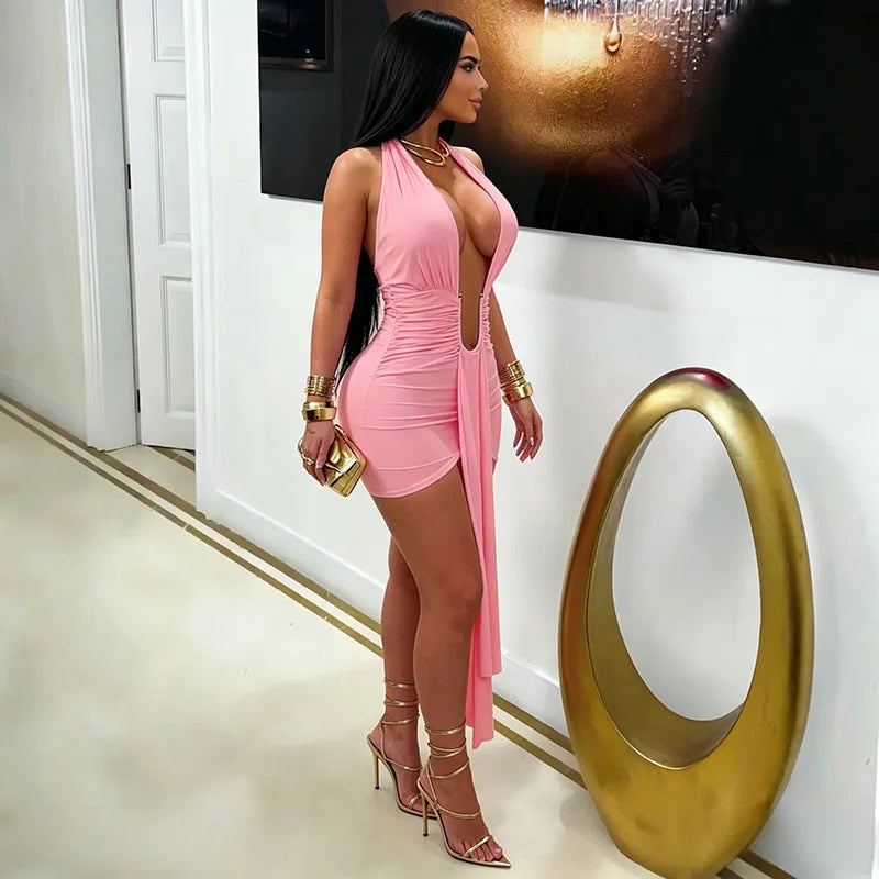 Metal Ring Ribbon Ruched Bodycon Mini Dress Women Solid Sexy Deep V Neck Lace Up Halter Backless Wrap Hip Slim Party Clubwear