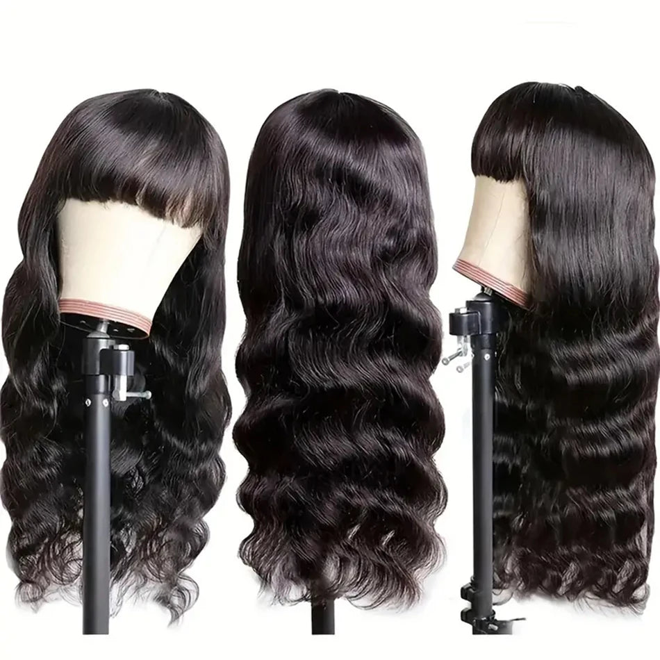 16A Glueless Body Wave Wig With Bangs Black Women's Human Hair Wig Without Glue Fully Machine Made Wig With Bangs Body Wave Wig