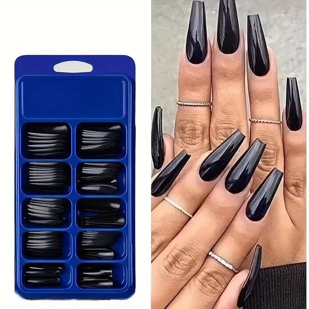 120pcs Long Coffin Press-On Nails Black Glossy Full Cover Acrylic False Nail Tips Wearable Fake Nails Tip for Manicure Extension