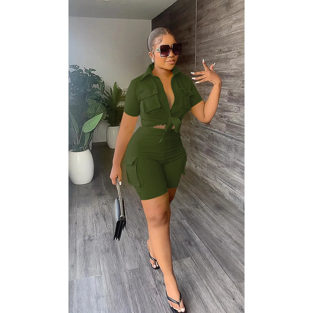 Women Shorts Two Piece Set Turn Down Collar Shirt Button Lace Up High Waist Short Sets Pockets Elegant Lady Streetwear Suit