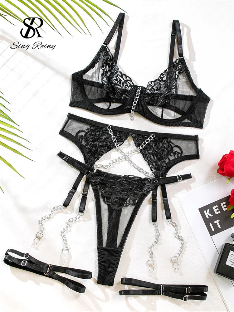 SINGREINY Embroidery Transparent Lingerie Suit Ladies Floral Shapewear Porno American Style Chain Design Sheer Erotic Underwear