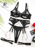 SINGREINY Embroidery Transparent Lingerie Suit Ladies Floral Shapewear Porno American Style Chain Design Sheer Erotic Underwear