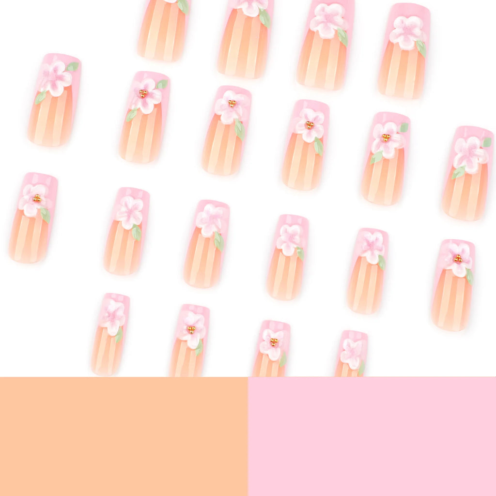 24Pcs Medium Coffin Square Fake Nail with Pink Flower Designs Wearable French Fashion False Nails Ballet Finished Stick on Nails