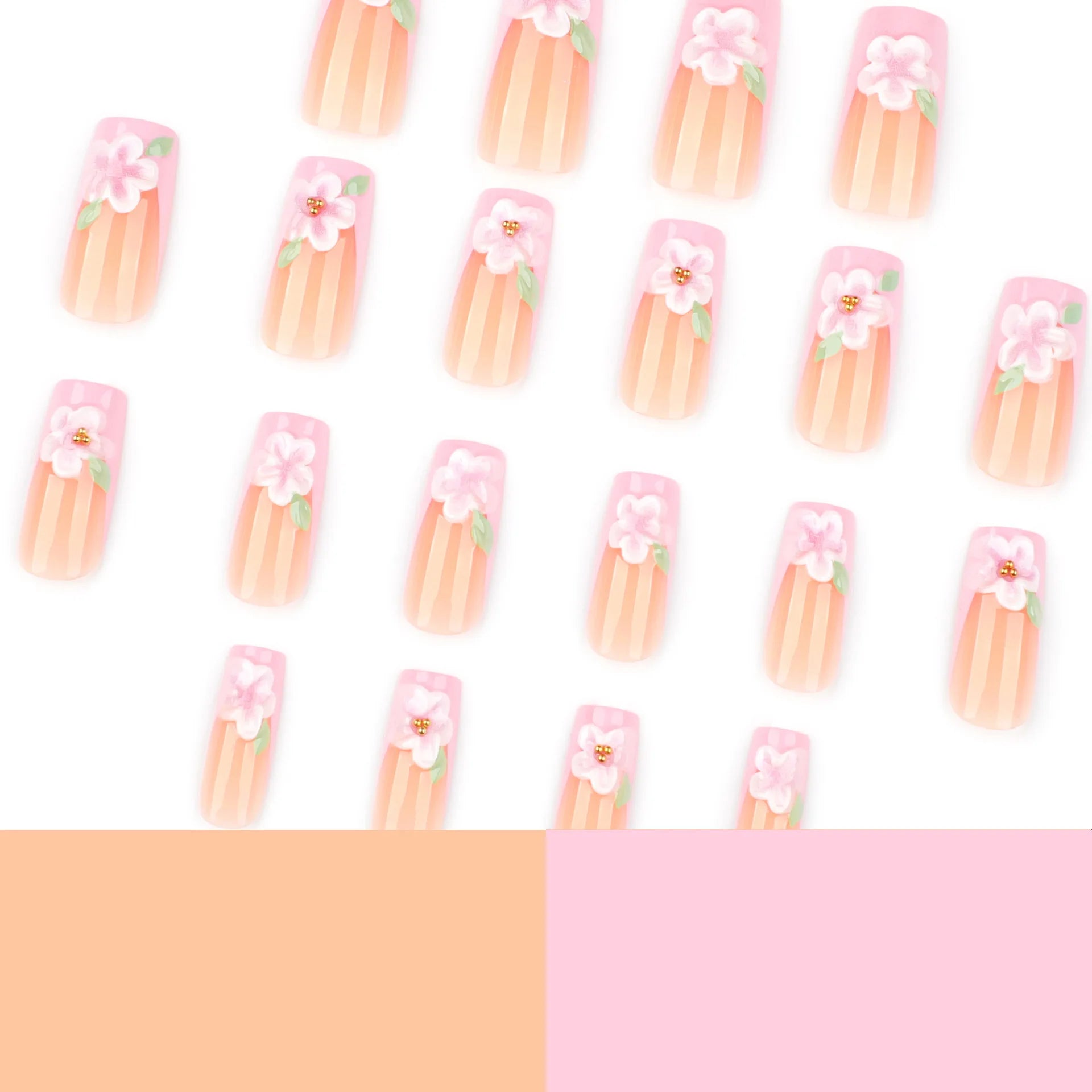 24Pcs Medium Coffin Square Fake Nail with Pink Flower Designs Wearable French Fashion False Nails Ballet Finished Stick on Nails
