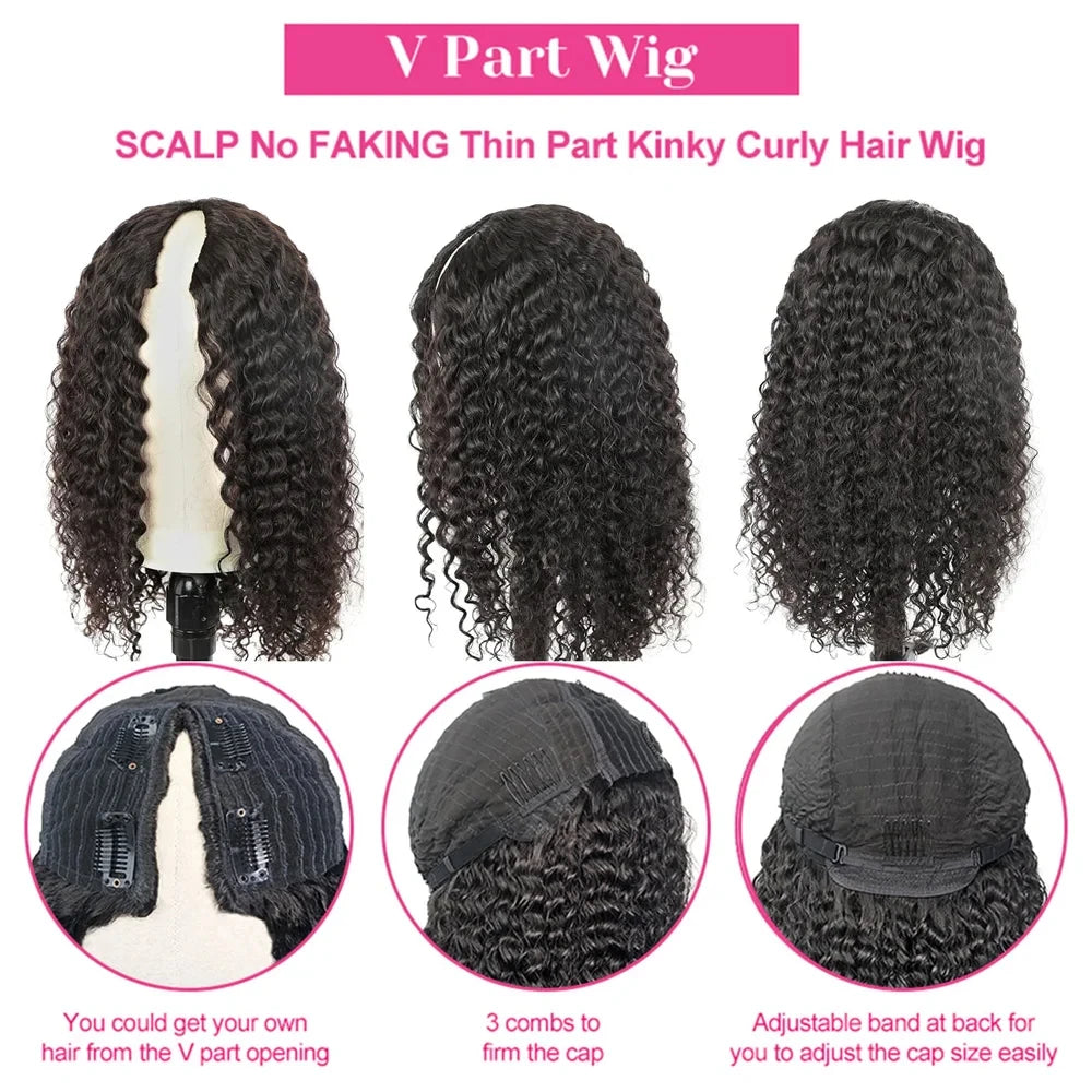 Curly Wigs V Part Human Hair Wigs for Black Women Water Wave Wigs Glueless V Shape Wigs Beginner Friendly In Natural Color