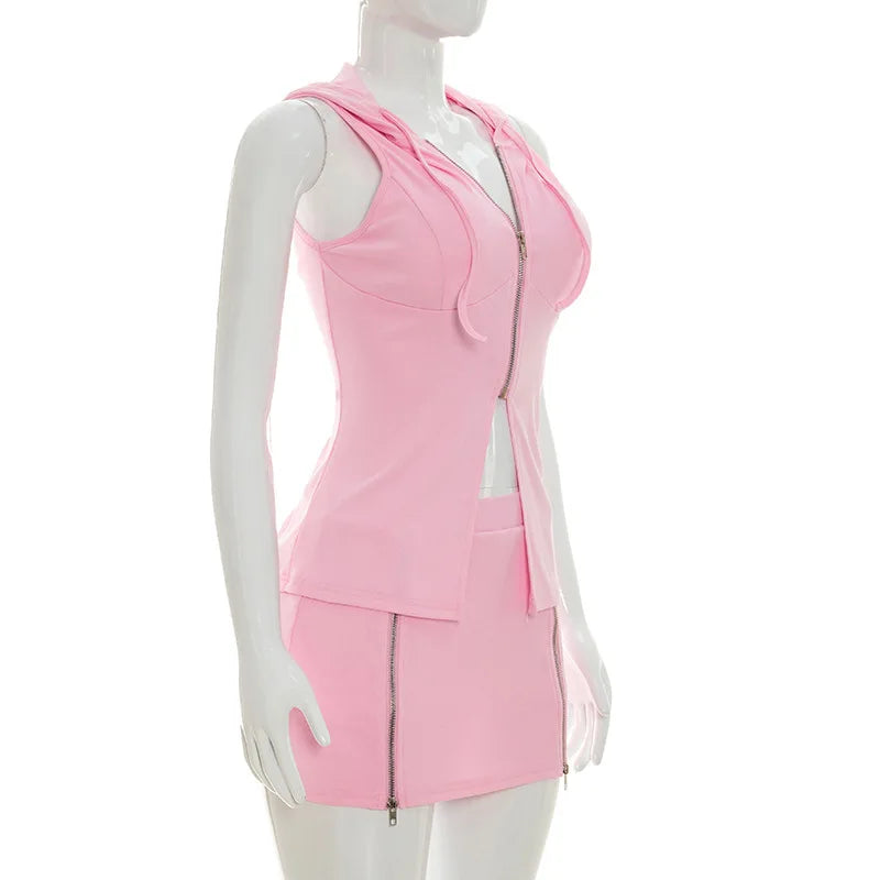 Women Solid Casual 2 Piece Set Tracksuits Zip-up Sleeveless Hooded Tanks Tops + Zippers Bodycon Mini Skirts Streetwear Suits