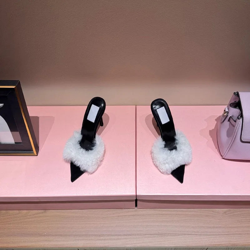 Women's Fox Fur High-Heeled Slippers Stiletto Heel Mules Open Toe Slip On Sandals Suede Upper Party Clubwear Elegant Sandals