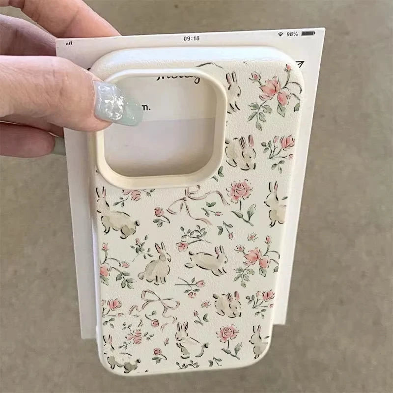 Phone Case For iPhone 17 Pro Max 16 Plus 15 Pro 14 13 12 11 XR 17Air Cute Butterfly Bunny Pink Floral  Lychee Textur Soft Cover