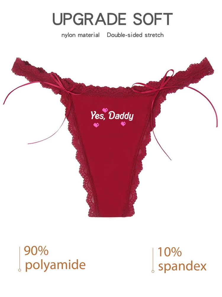Come Here Daddy Underwear Cute Panties Women's Sexy Lace Thong Thin Strap Underwear Ripple Edge Wine Red Traceless GString
