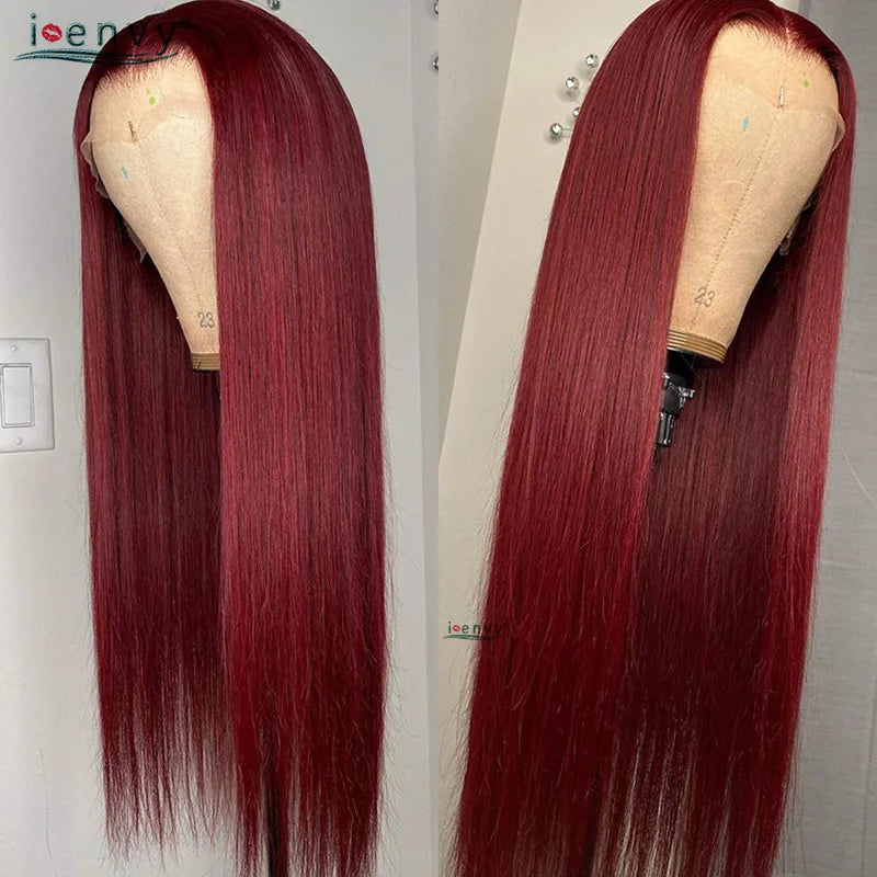 99J Red Colored Lace Front Human Hair Wigs Silky Straight 13X4 13X6 Burgundy Hd Transparent Pre Plucked Lace Frontal Wigs 180%