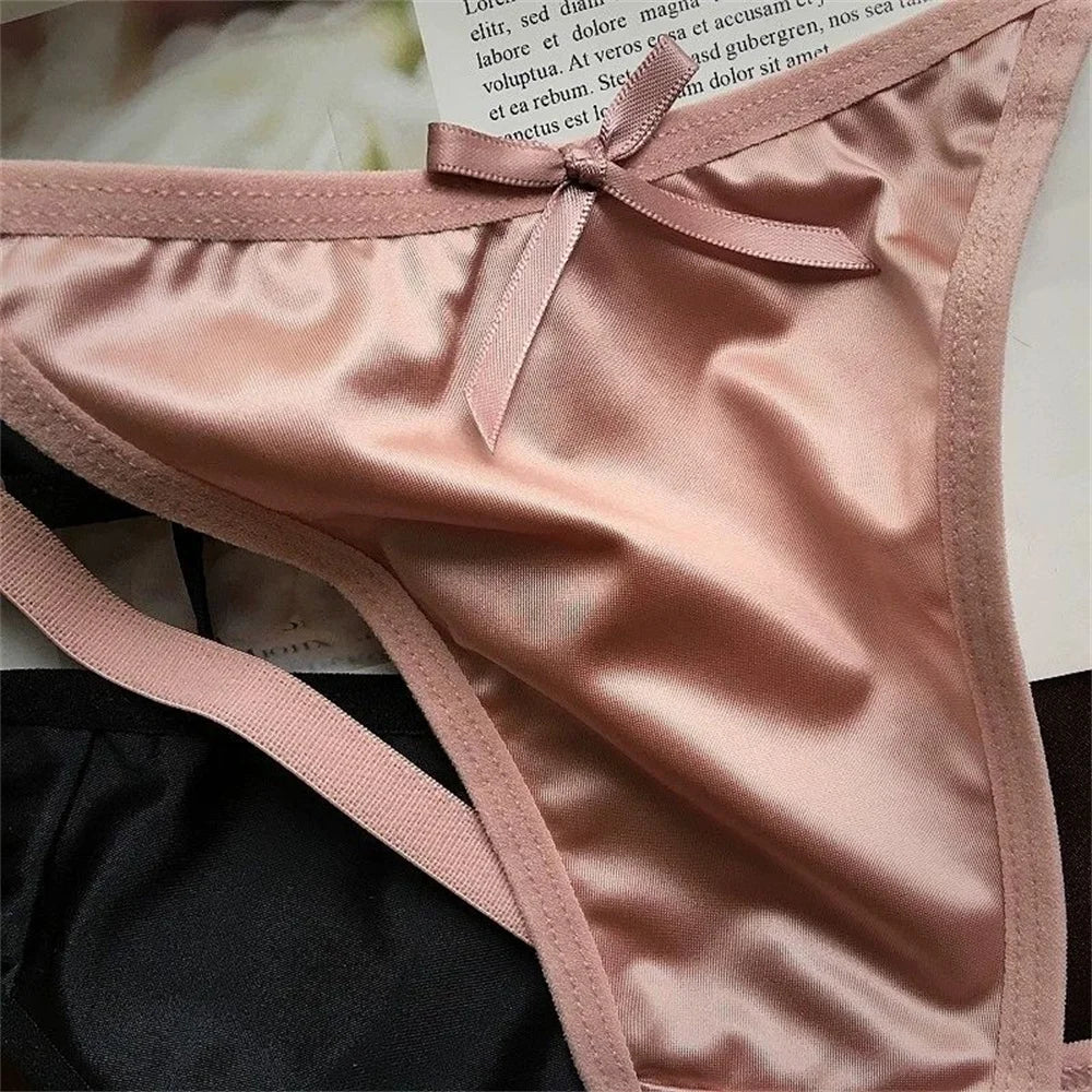 Sexy Adjustable Thongs Women Smooth Glossy Silk Low Waist Satin T-back Panties Plus Size Culotte Femme