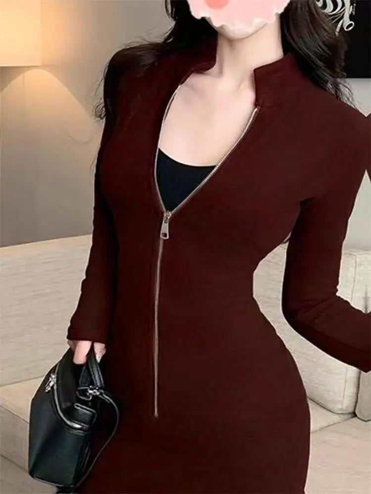 Long Sleeve Zipper Bodycon Dress Women Turtleneck Sexy Mini Dresses Autumn Black Skinny Stretchy Party Vestidos
