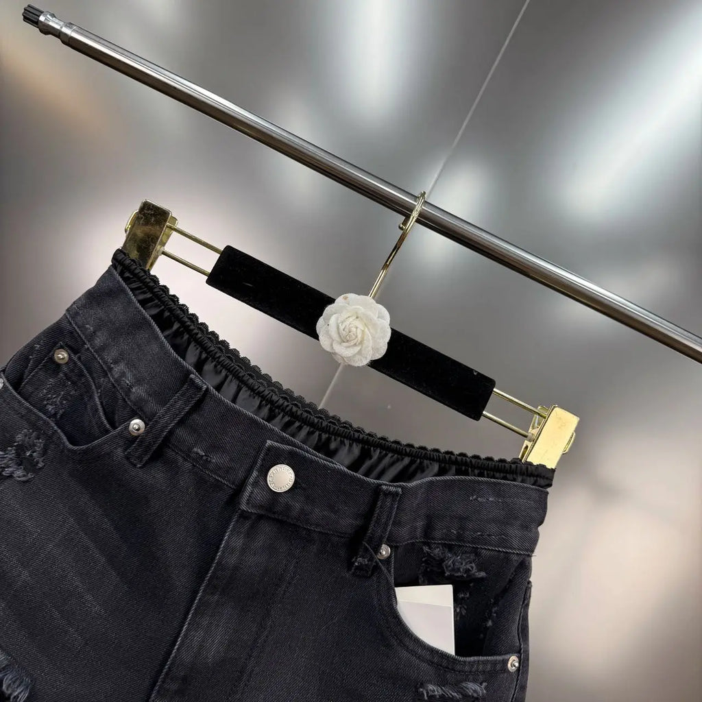 Summer 2025 New French Retro Lace Splicing Ripped Rough Edge Fake Two-piece Denim Shorts Spice Girl Y2K High-waisted Slim Jeans