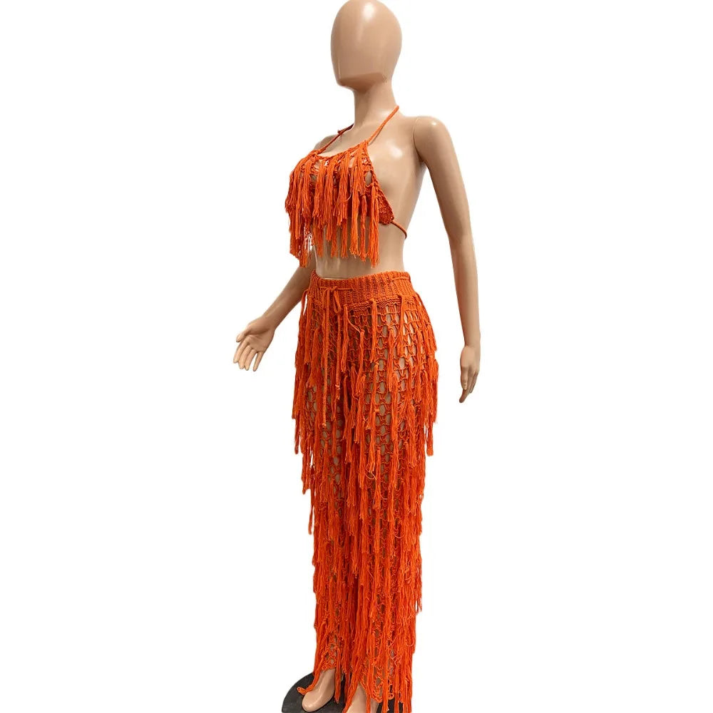 FAGADOER Sexy Hollow Out Tassels Pants Two Piece Sets Women Halter Sleeveless Backless Crop Top + Pants Outfit Female Streetwear
