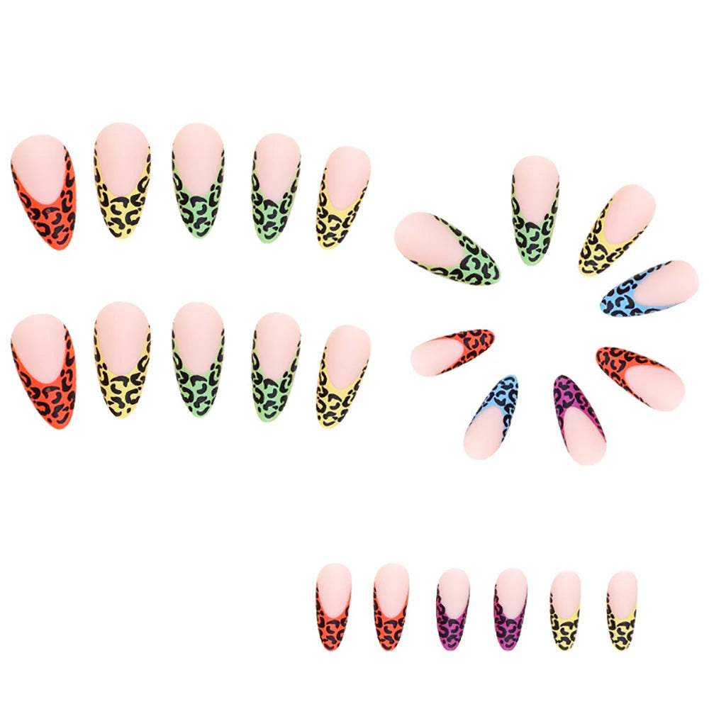 Medium fake nails tips for women girls gradient purple blue green red black leopard printing Square almond tips press on nails