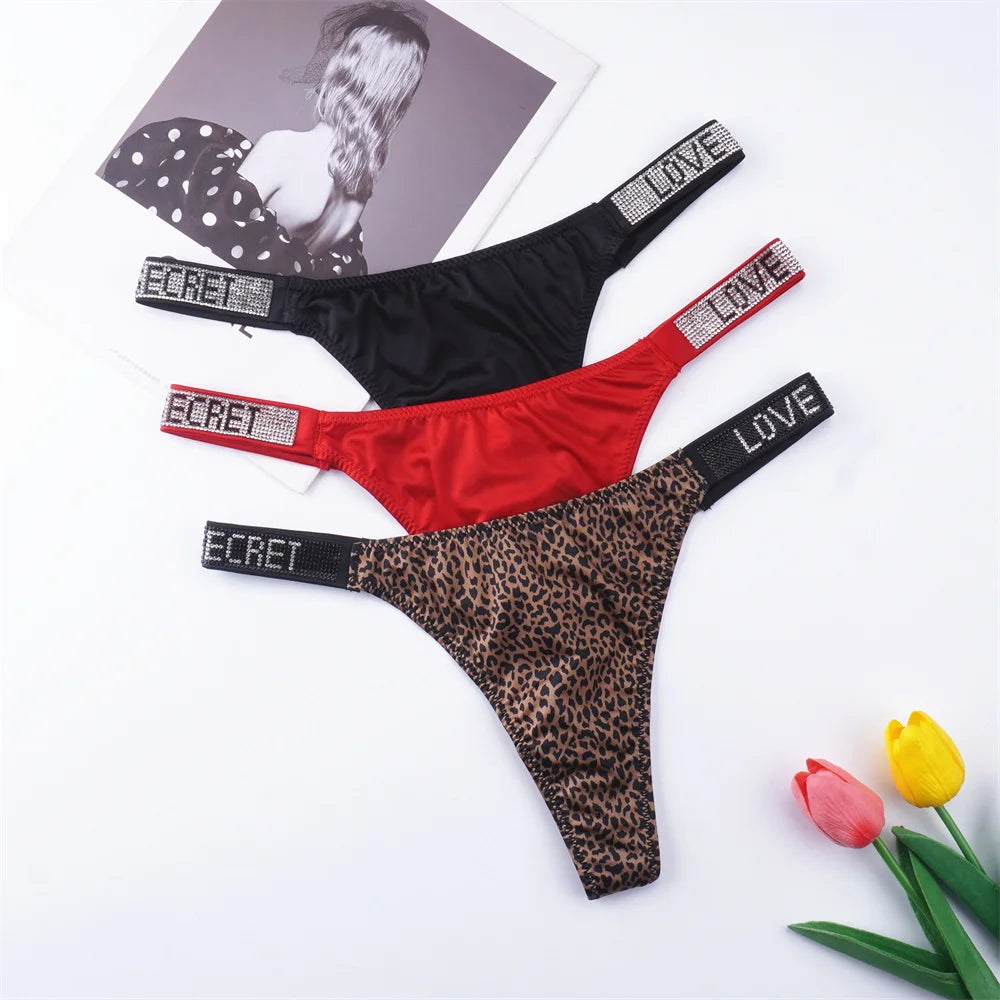 3PCS Sexy Low Waist Rhinestone Waistband Smooth Silk Thong Women Invisible G-string Plus Size S-XL Seamless Lingerie