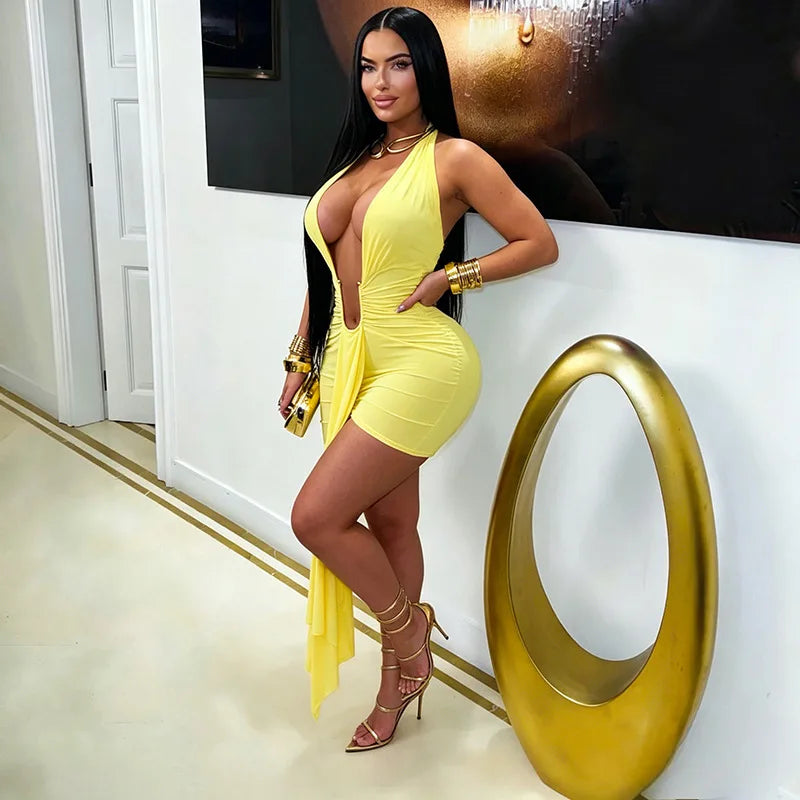 Metal Ring Ribbon Ruched Bodycon Mini Dress Women Solid Sexy Deep V Neck Lace Up Halter Backless Wrap Hip Slim Party Clubwear
