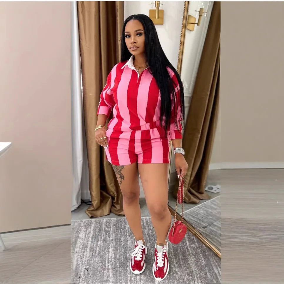 Shorts Pant Set Women Two Piece Sets Short Sleeve Matching Sets Striped Top High Waist Pants Suit Casual Y2k Streetwear Jogger