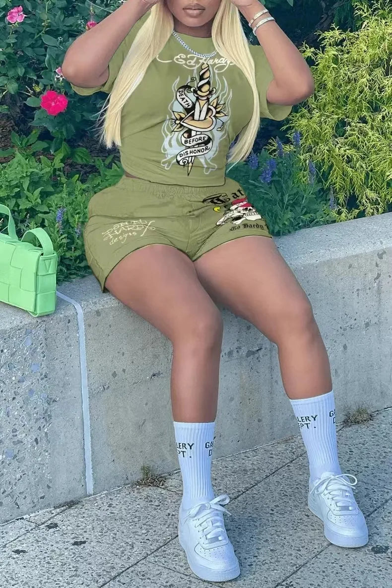 Short Sleeve Crop Tops Casual Shorts Matching Set 2025 Summer Print Fitness Workout Tracksuits 2 Piece Sets Woman Outfit