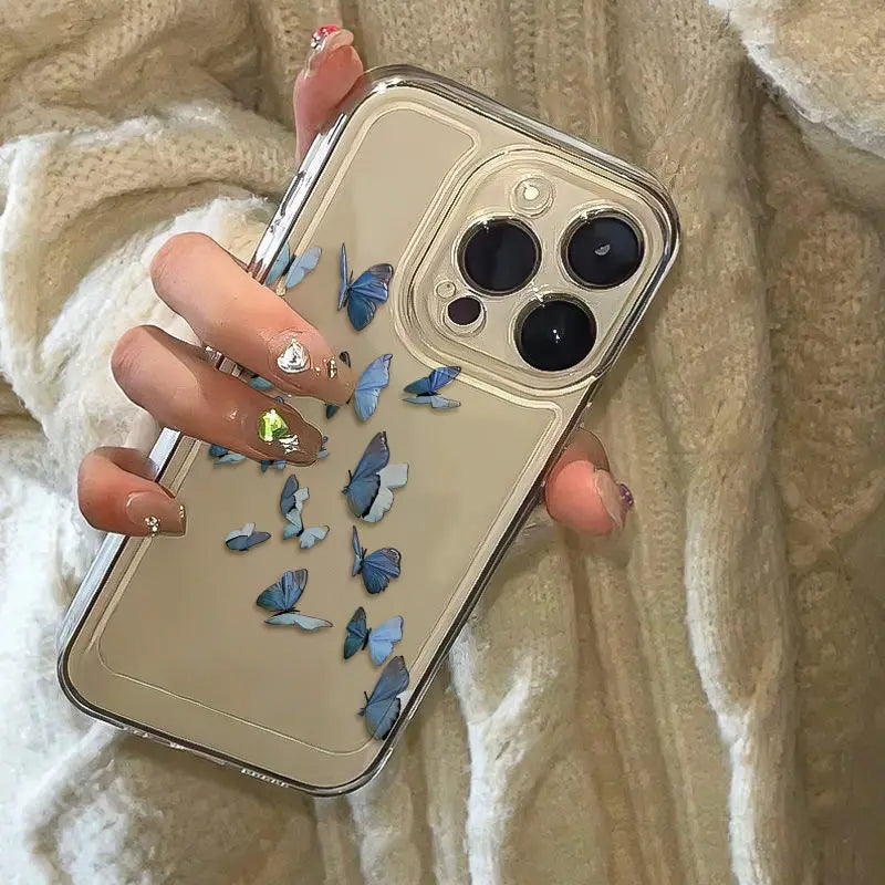 Flying Blue Butterfly Phone Case For iPhone 17 16 15 14 13 12 11 Pro Max Mini SE 7 8 Plus 16E Air Shockproof Transparent Cover