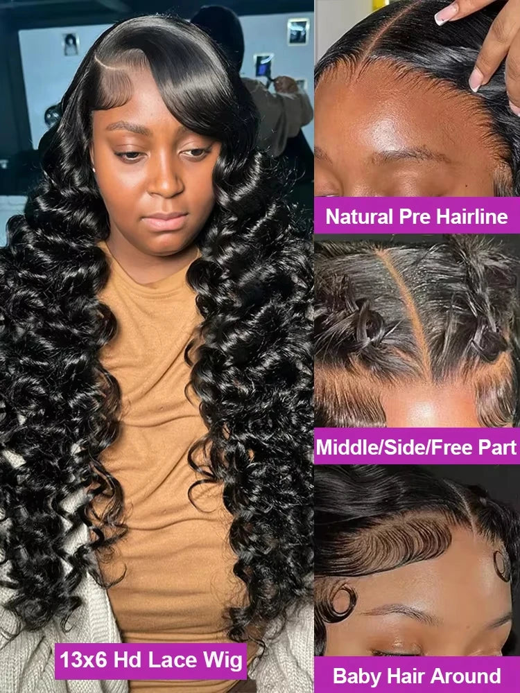 Lakeisha High Density Loose Wave HD 13x6 Lace Front Wigs Human Hair Black Raw Brazilian Deep Curly 40 Inch 13x4 Lace Frontal Wig