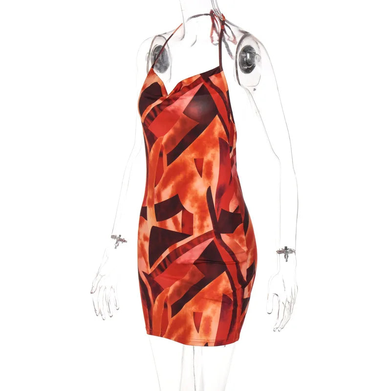 Boho Style Sexy Back Full Hollow Out Orange Color Bodycon Dress Women Halter Sleeveless Skinny Dress Elegant Club Party Vestidos