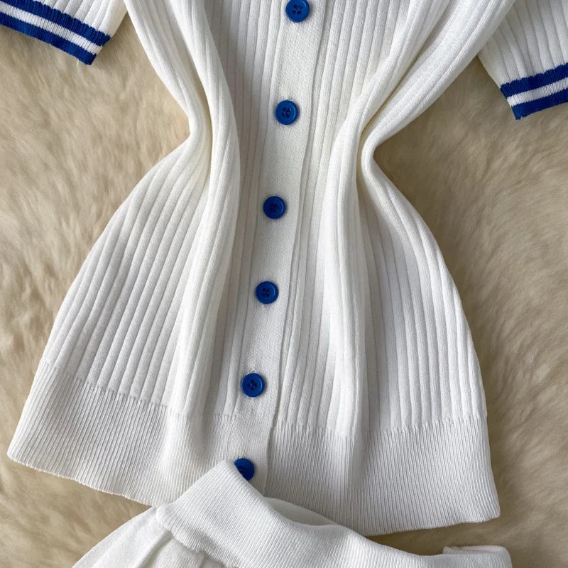 Fashion Knitting 2 Piece Sets Women Outfits Summer Clothing Women 2026 Polo-Neck Top Mini Skirt Suit Casual Knitted Dress Sets