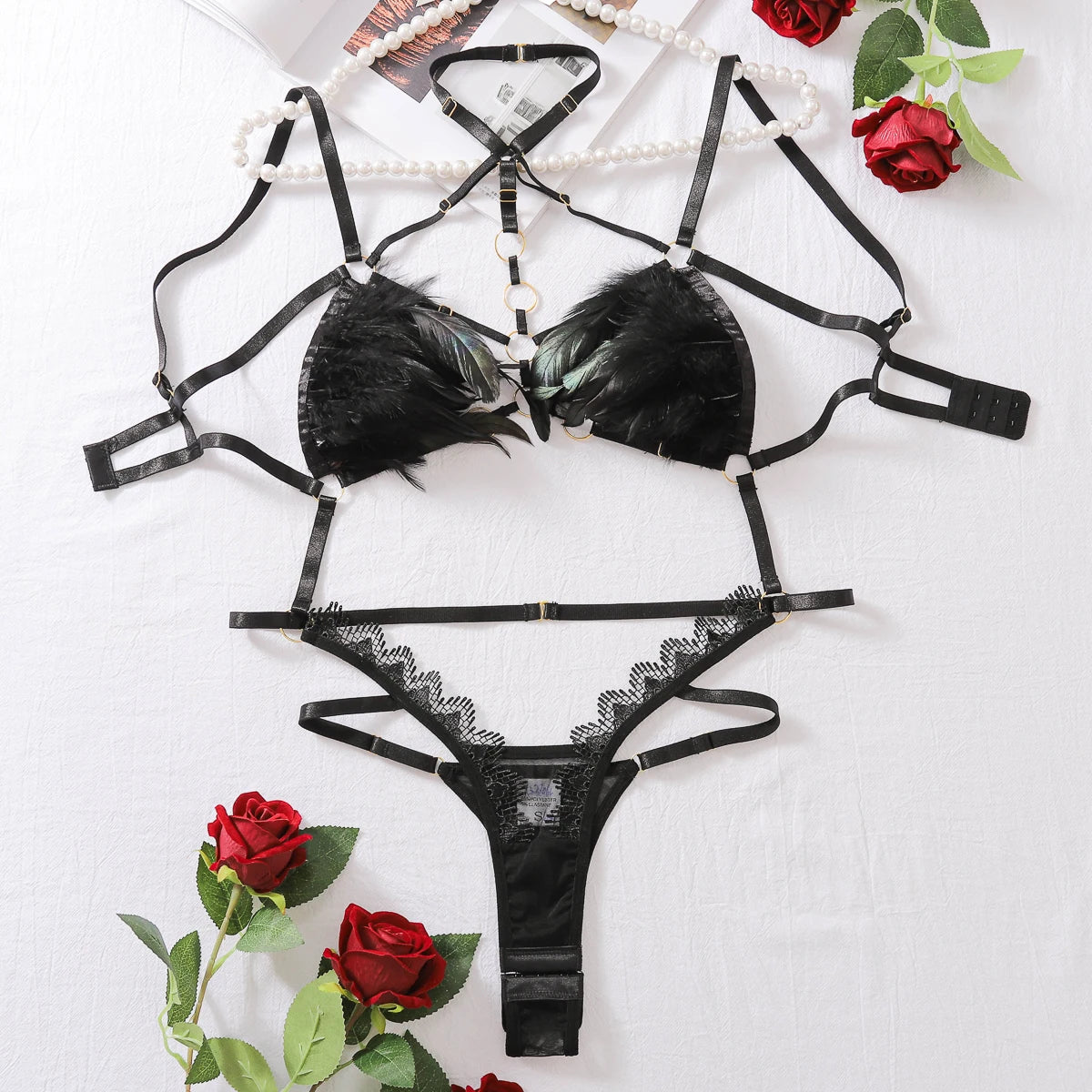 AVELINE 2025 Fashion Sexy Lace Harness Temptation Lingerie Splicing Feather three-point one-piece Skeleton Erotic Clothing
