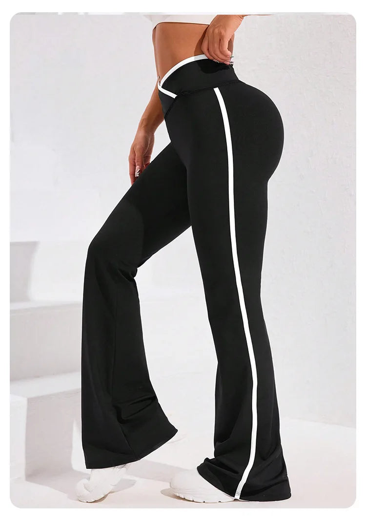 Side Stripe Flared Yoga Pants Women Cross Waist High Rise Butt Lifting Wide Leg Outdoor Slim Fit  Wicking Sportswear