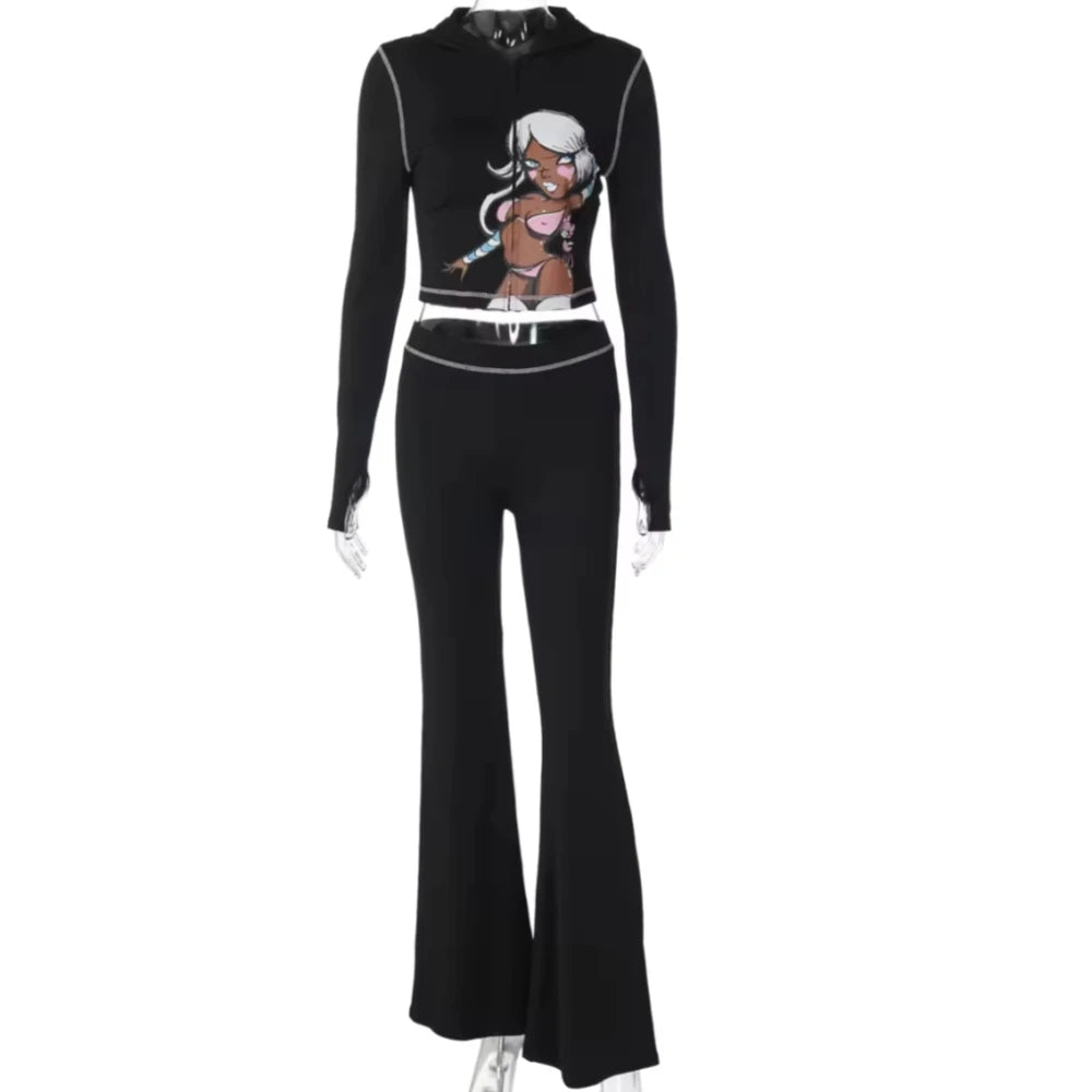 HLJ Y2K Trend Fashion Pattern Print Hooded Two Piece Sets Women Zip Long Sleeve Slim Crop Top + Skinny Pants Outfits Streetwear