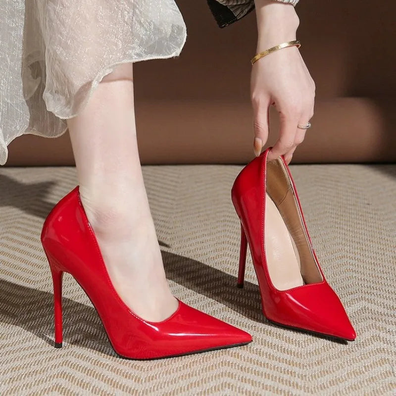 Heels for Women 2026 Trend Leather Luxury Red White High Heels 12cm Pointed Toe Stiletto Pumps Elegant Sexy Party Wedding Shoes