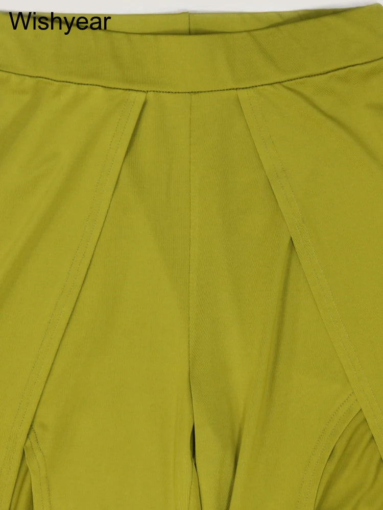 New Sexy Strapless Crop Tops and High Split Wide Leg Pants Green Two 2 Pieces Women Birthday Outfit Matching Set Night Clubwear