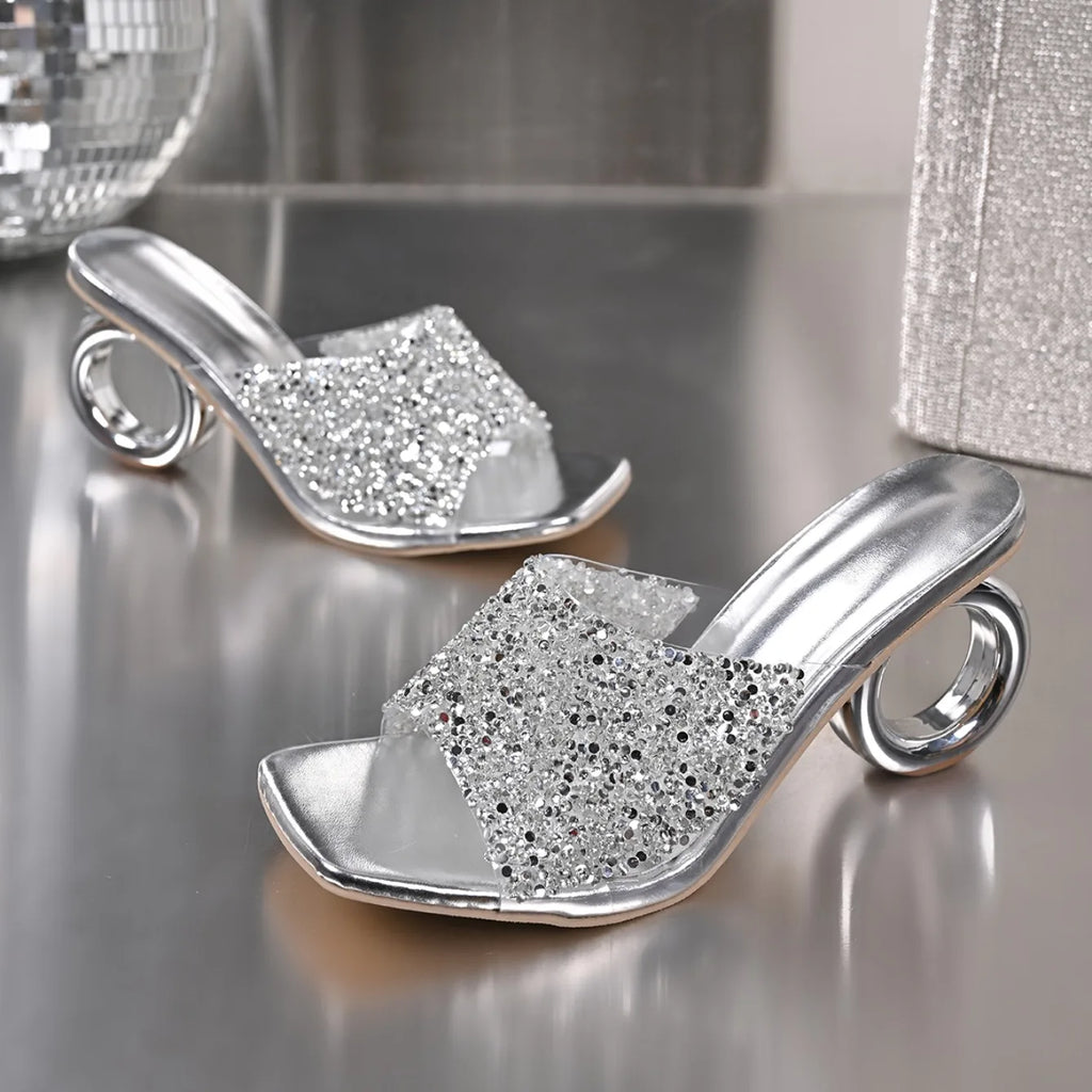 Women Sandals 2025 Summer Strange High Heels Sandals Luxury Crystal Square Toe Slippers Women Sexy Slip on Party Shoes Women