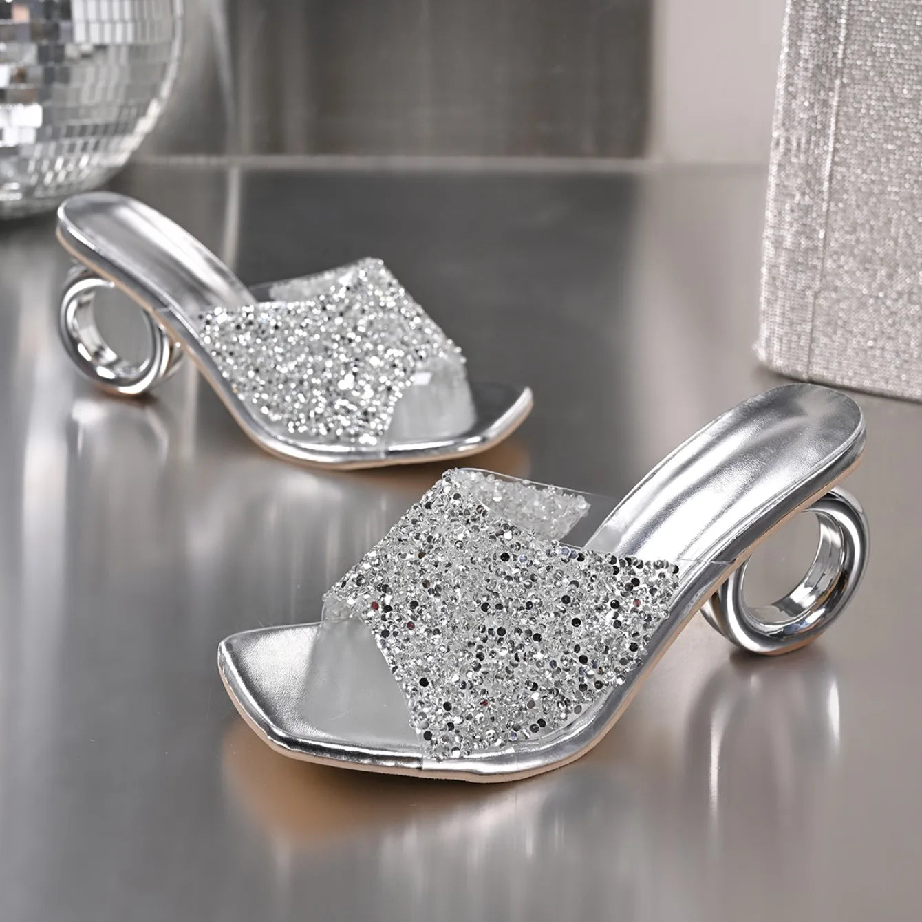 Women Sandals 2025 Summer Strange High Heels Sandals Luxury Crystal Square Toe Slippers Women Sexy Slip on Party Shoes Women