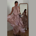 Fashion Halter Ruffle Long Dress Women Chiffon Sleeveless Ruffled Tiered Waist Cinching Party Dresses Lady Holiday Y2K Chic Robe