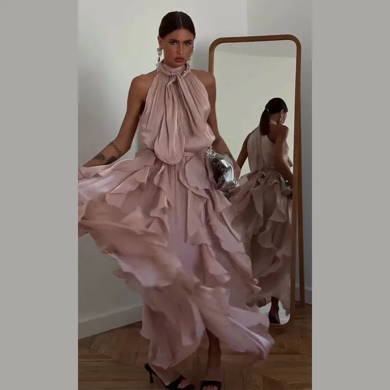 Fashion Halter Ruffle Long Dress Women Chiffon Sleeveless Ruffled Tiered Waist Cinching Party Dresses Lady Holiday Y2K Chic Robe