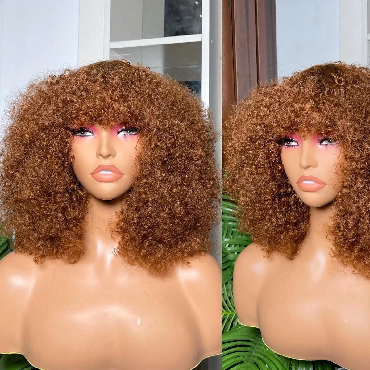 Ginger Jerry Curly Short Pixie Bob Cut Remy Human Hair Wigs With Bangs Honey Blonde Orange Non lace front Wigs For Black Women