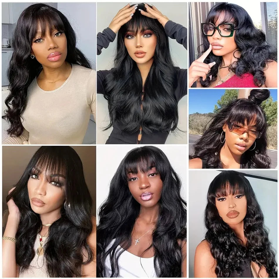 Wear Go Glueless Loose Body Wave Human Hair Wig With Bangs Full Machine Made With Bangs Brazilian Body Wave Wig Cheap On Sale